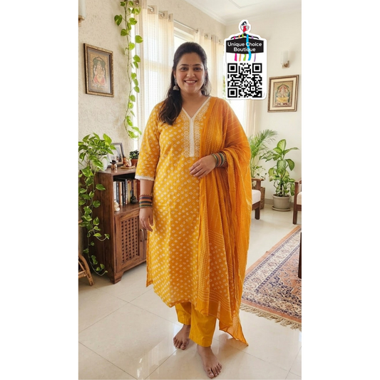 Yellow Pure Cotton Kurti Pant Dupatta Set, 3pc Salwar Suit Set, Plus Size