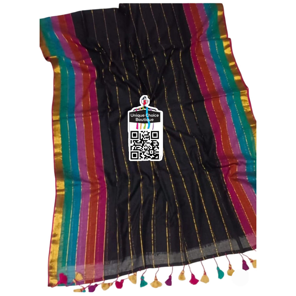 Black Zari Striped Pure Khadi Cotton Saree