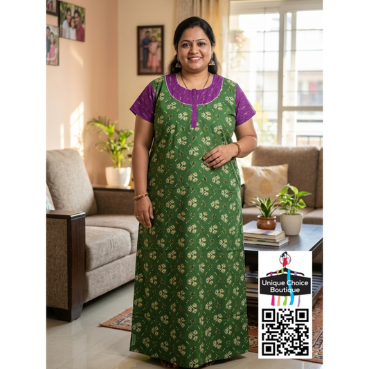 Premium Plus Size Pure Cotton Nighty - Green and Purple