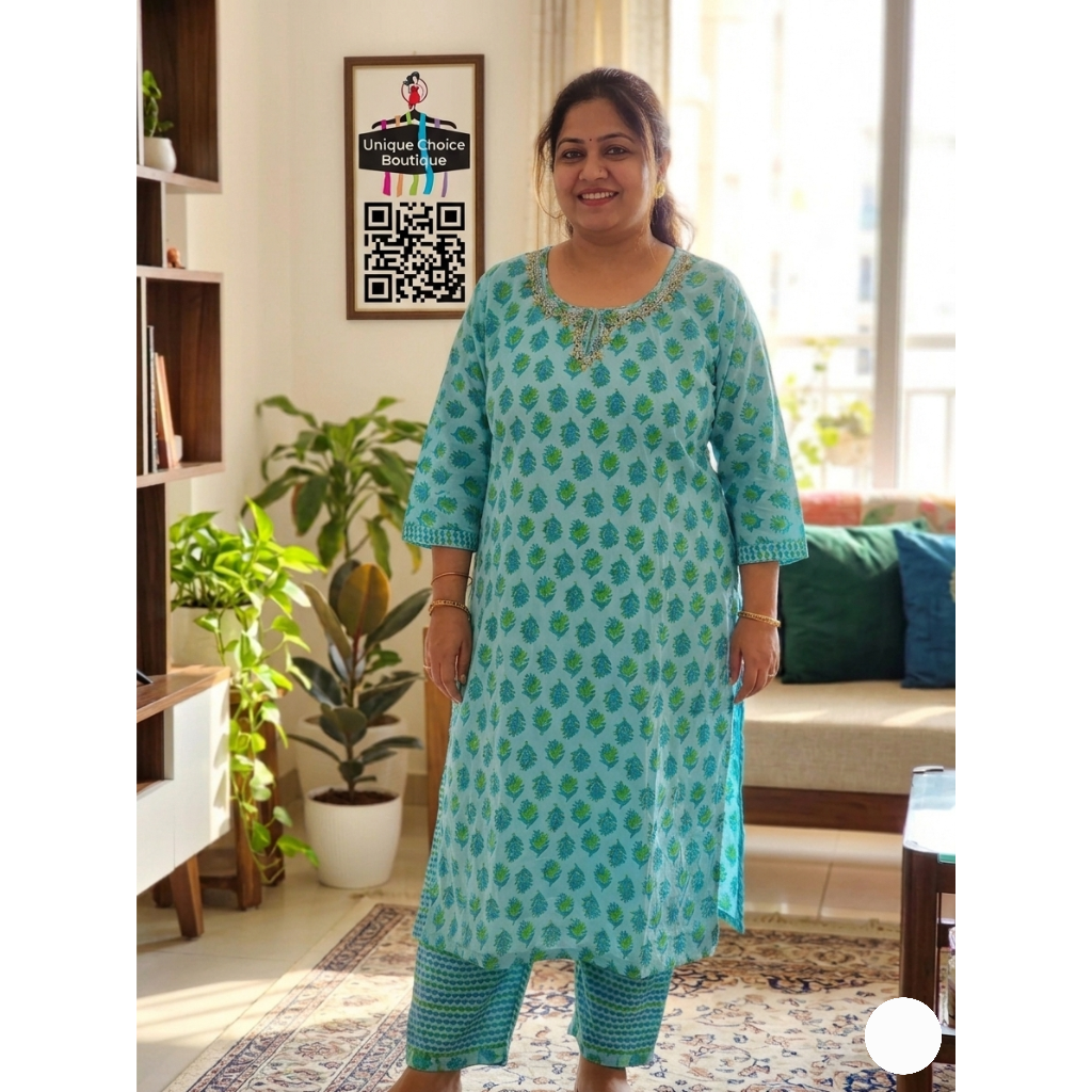Soft Light Blue Plus Size Floral Printed Co-Ord Set - Readymade 2PC Salwar Suit Cotton