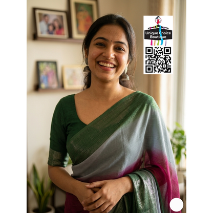 Ethereal Shimmer Georgette Saree – Forest Green, Wine & Silver Mist