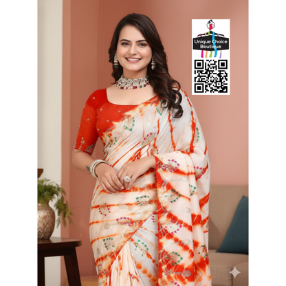 Rajasthani Shibori Cotton Silk Saree-Orange and White