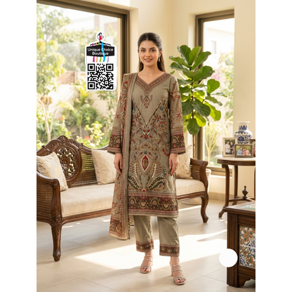Sage Green Pakistani Lawn Suit Dress material |  Embroidered Lawn Kurta Set with Dupatta
