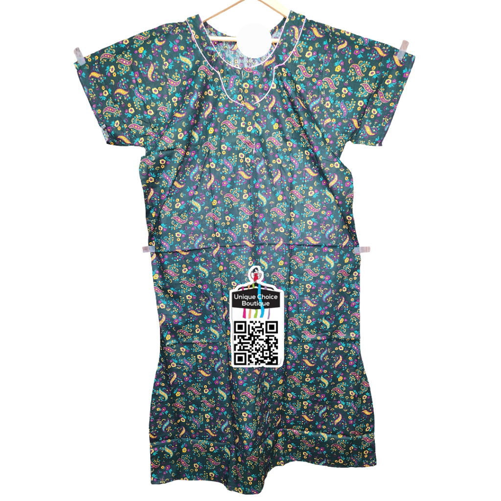 3XL Size-Plus Size-Cotton Nighty- Dark Green Paisley and Floral Printed