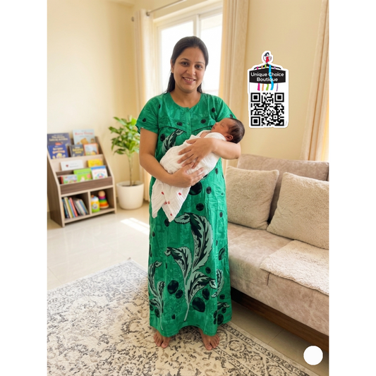 Cotton Feeding Nighty/ Maternity Dress with 3 Zips| Green | Free Size