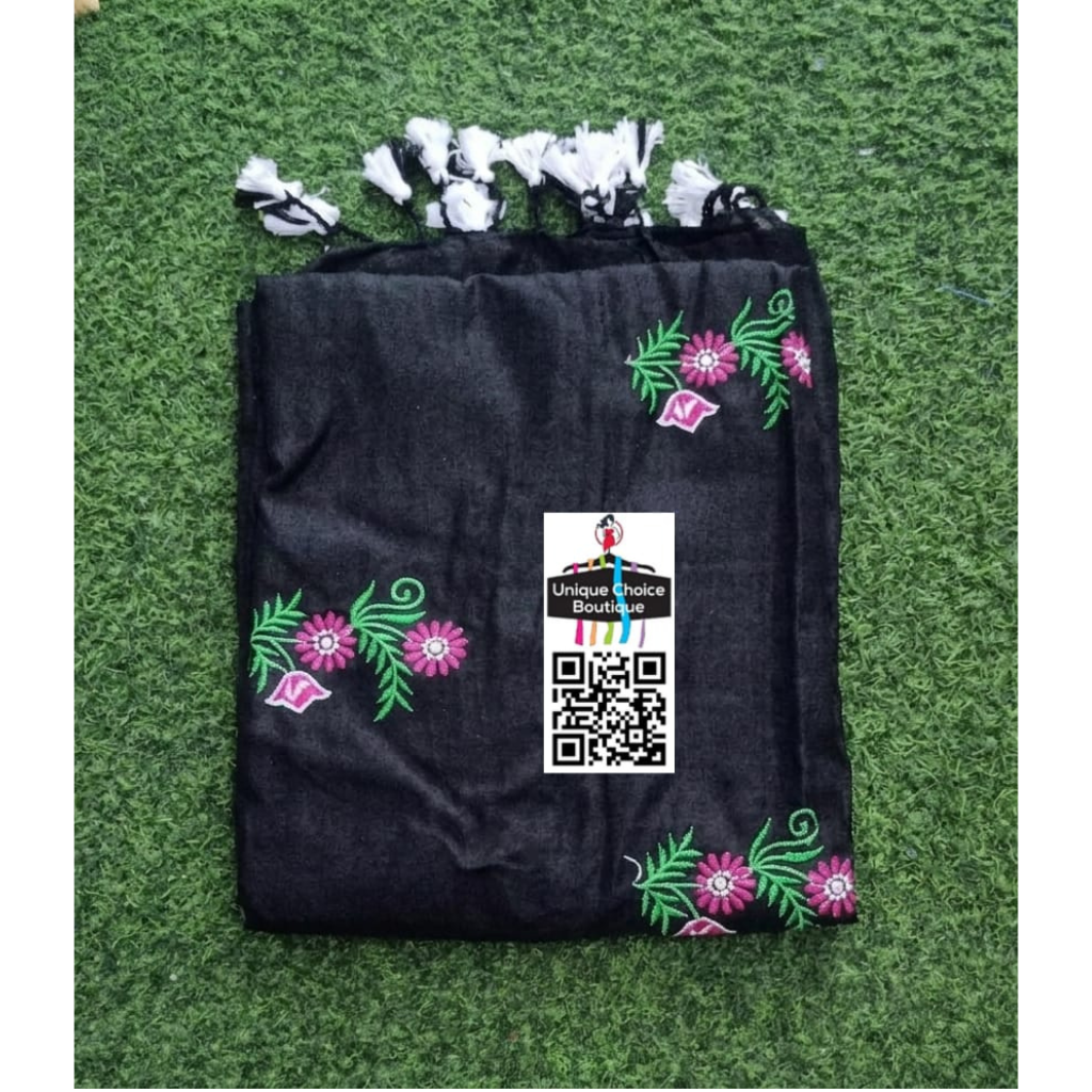 Black Pure Khadi Cotton Embroidery Saree