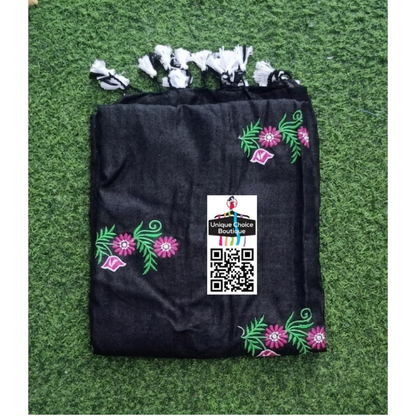 Black Pure Khadi Cotton Embroidery Saree