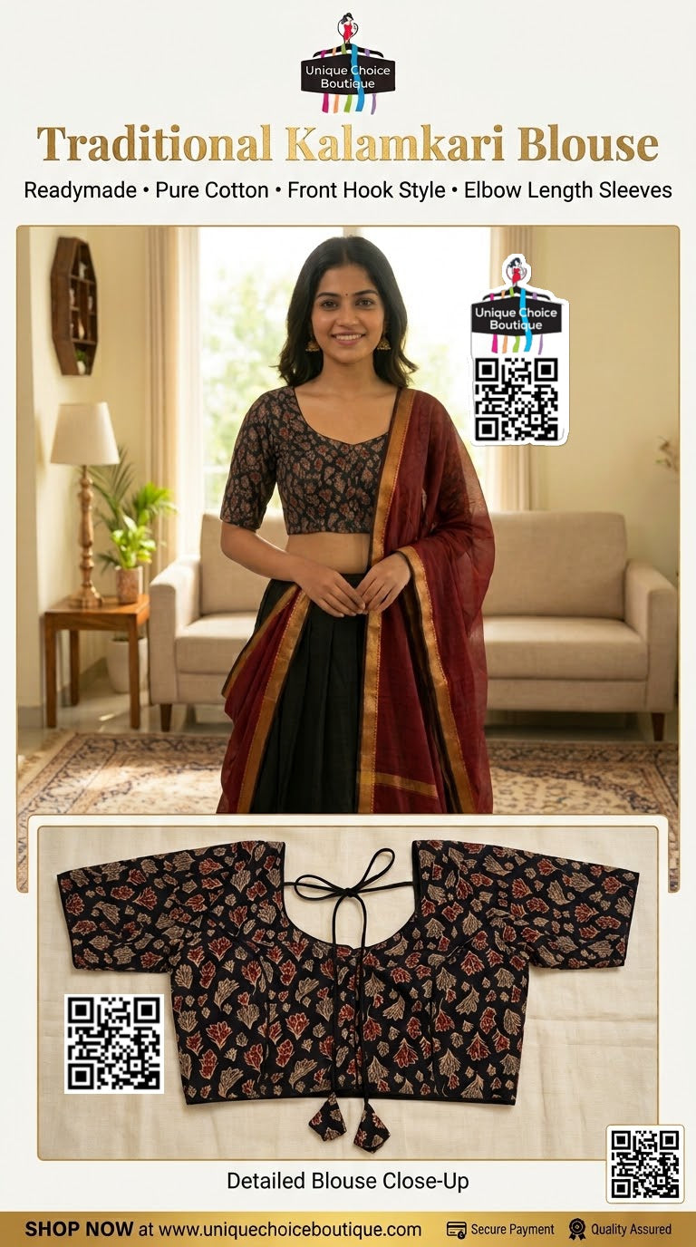 Readymade Pure Cotton Kalamkari Saree Blouse – Black - Size 38/40/42/44