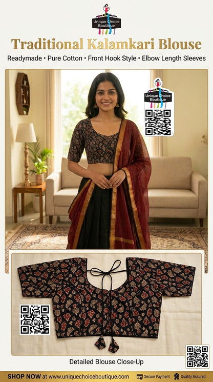Readymade Pure Cotton Kalamkari Saree Blouse – Black - Size 38/40/42/44