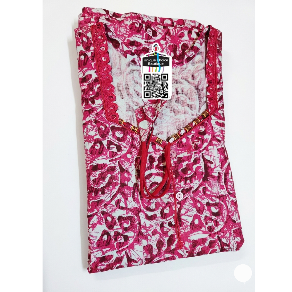 Hot Pink & White Handcrafted Batik Print Cotton Nighty