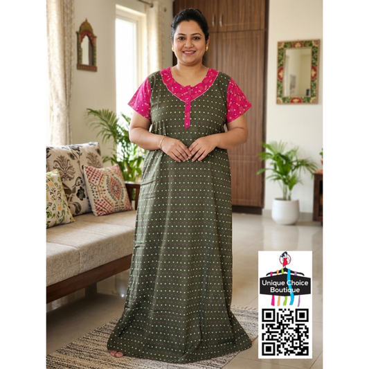Premium Plus Size Pure Cotton Nighty - Olive Green and Pink
