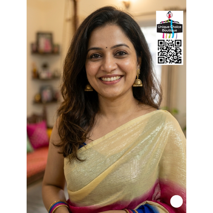 Radiant Tri-Tone Shimmer Georgette Saree – Cobalt, Fuchsia & Champagne