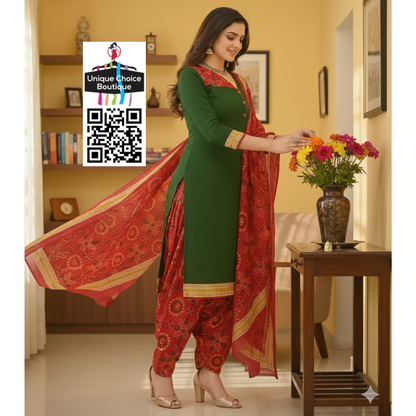 Cotton Unstitched Salwar Suit Material, Churidar Dress Material, Mehndi Green Top with Red Bandhani Print