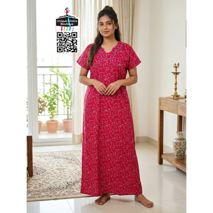 Comfortable Indian Pure Cotton Nighty – Magenta Floral