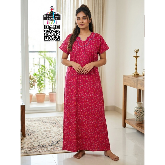 Comfortable Indian Pure Cotton Nighty – Magenta Floral