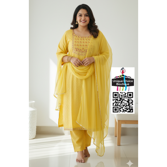 Yellow Kurti Pant Dupatta Set, 3pc Salwar Suit Set, Plus Size