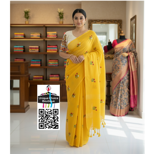 Pure Khadi Cotton Saree with Heavy Floral Embroidery & Designer Readymade Khadi Cotton Blouse - Yellow
