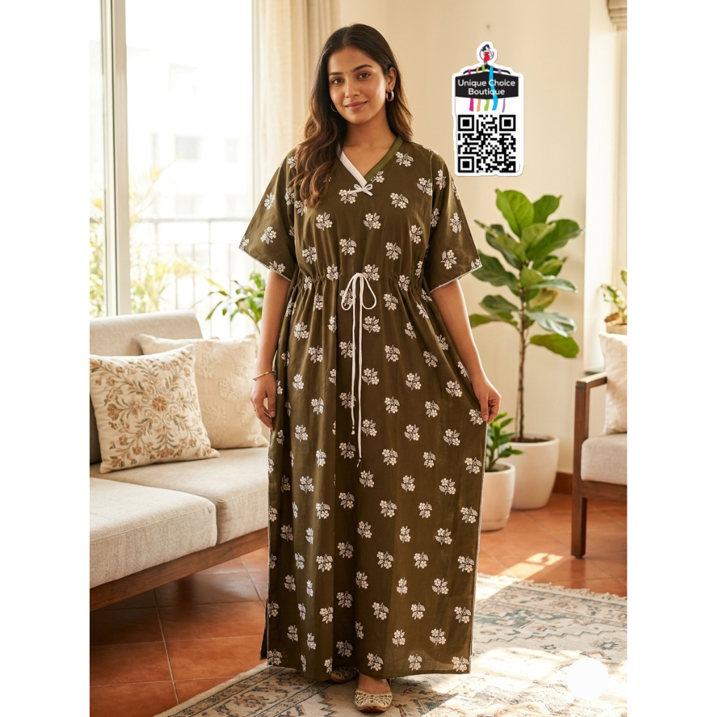 Luxurious Pure Cotton Kaftan Nighty – Olive Green Floral Print