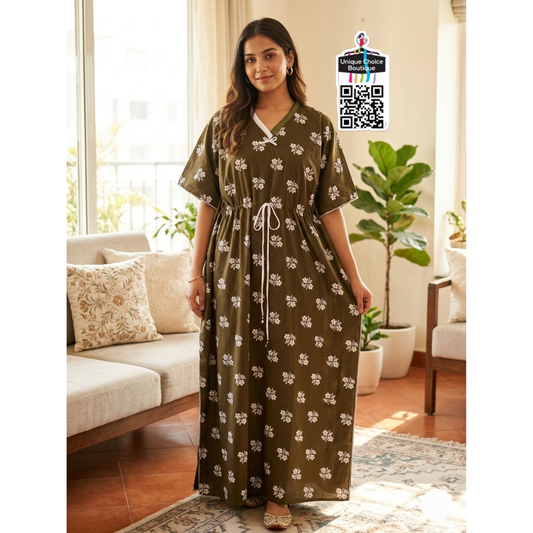 Luxurious Pure Cotton Kaftan Nighty – Olive Green Floral Print