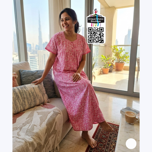 Jyothi Cotton Nighty – Pink and White