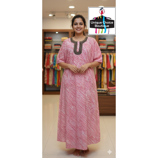 3/4 Long Sleeve Cotton Nighty With Zip, Pink Mirror Embroidery Neck