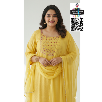 Yellow Kurti Pant Dupatta Set, 3pc Salwar Suit Set, Plus Size