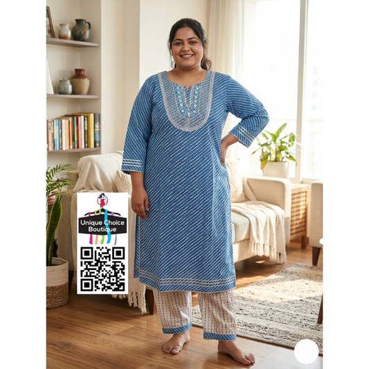 Blue Plus Size Pure Cotton Co-Ord Set - Readymade 2PC Salwar Suit Cotton