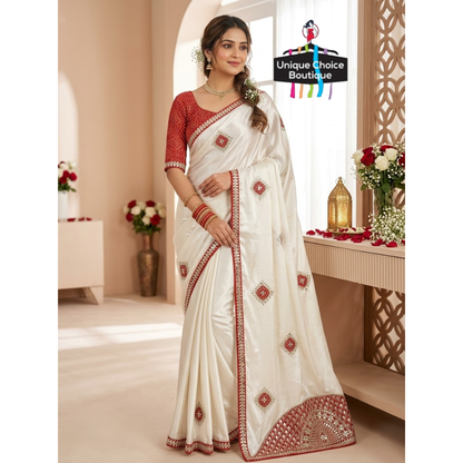 Premium Off-White Chinon Silk Saree with Heavy Red Bandhej Pallu