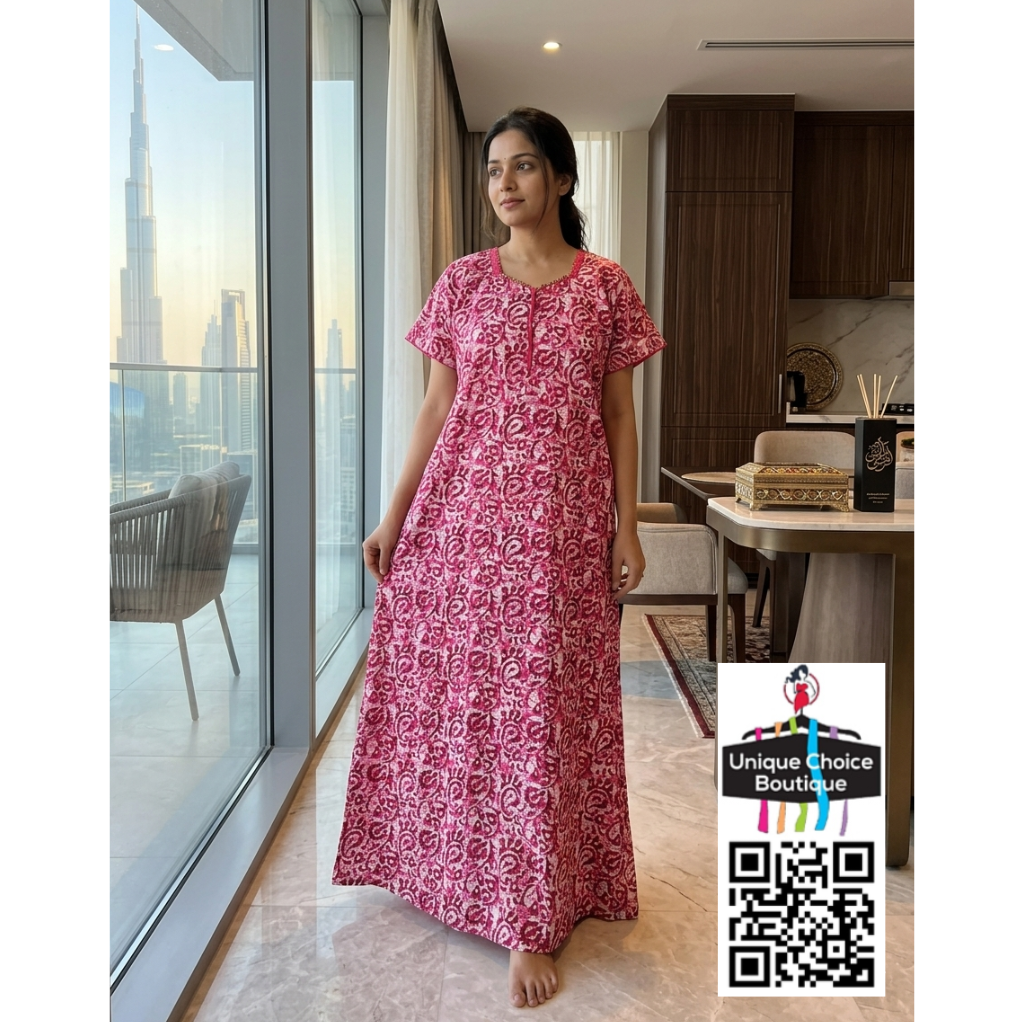 Hot Pink & White Handcrafted Batik Print Cotton Nighty