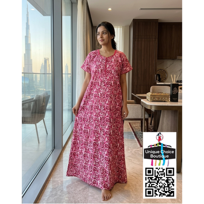Hot Pink & White Handcrafted Batik Print Cotton Nighty