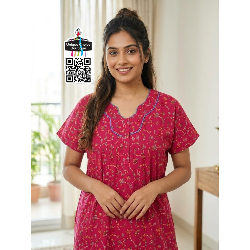 Comfortable Indian Pure Cotton Nighty – Magenta Floral