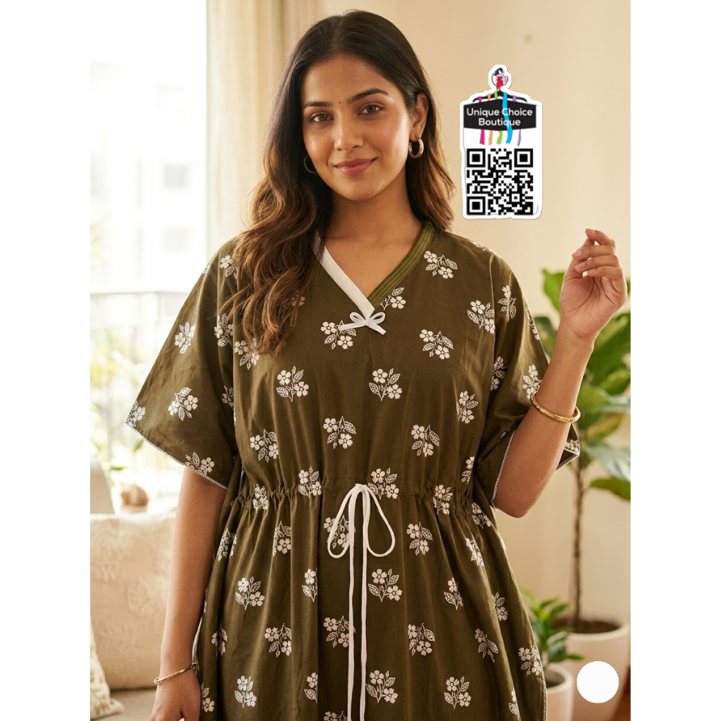 Luxurious Pure Cotton Kaftan Nighty – Olive Green Floral Print