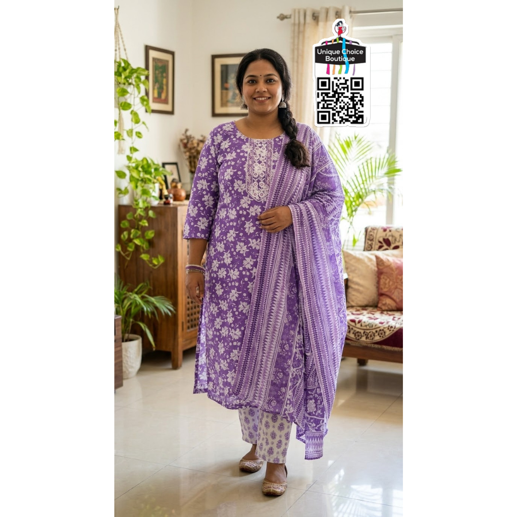 Violet Premium Cotton Kurti Pant Dupatta Set, 3pc Salwar Suit Set, Plus Size