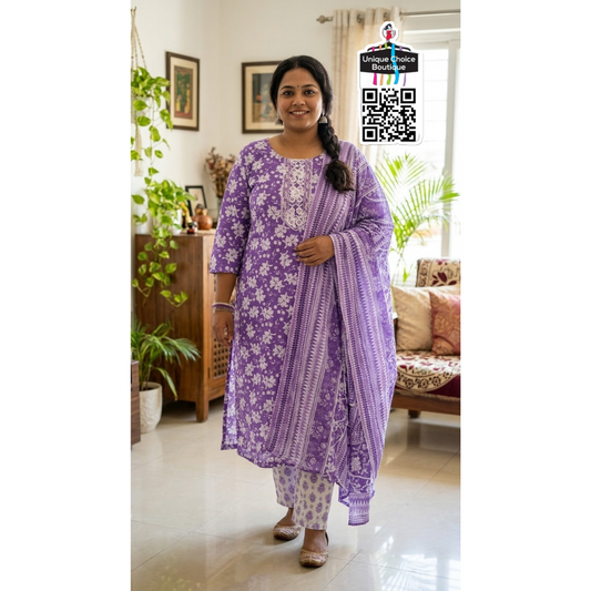 Violet Premium Cotton Kurti Pant Dupatta Set, 3pc Salwar Suit Set, Plus Size
