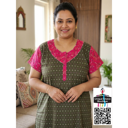 Premium Plus Size Pure Cotton Nighty - Olive Green and Pink