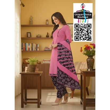 Cotton Unstitched Salwar Suit Material, Churidar Dress Material, Pink Top with Blue Block floral print