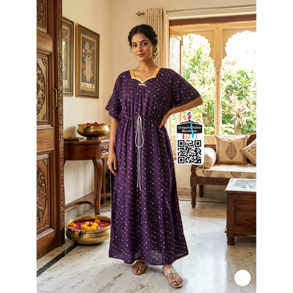 Pure Cotton Kaftan Nighty – Deep purple polka dots