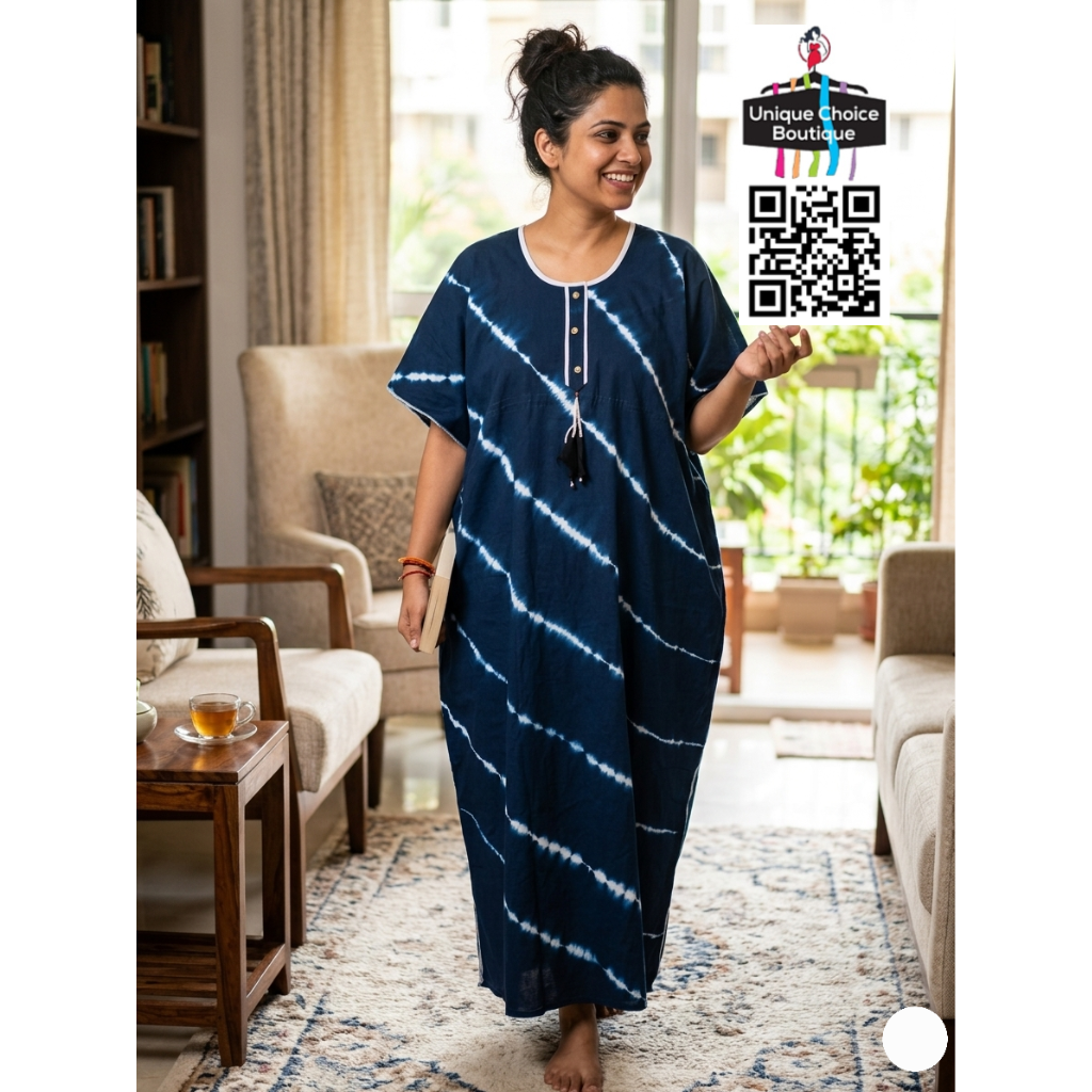 Premium Pure Cotton Kaftan Nighty – Dark Navy Blue