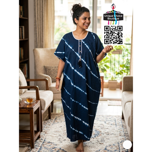 Premium Pure Cotton Kaftan Nighty – Dark Navy Blue