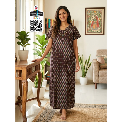 Comfortable Indian Pure Cotton Nighty – Brown Ikkat Print