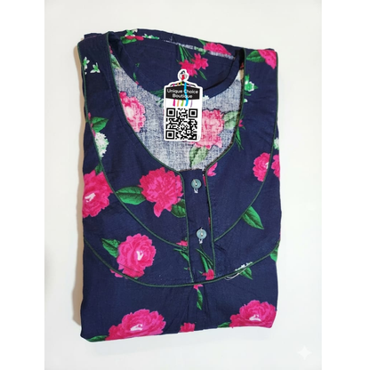 Elegant Floral Print Pure Cotton Nighty – Navy & Pink
