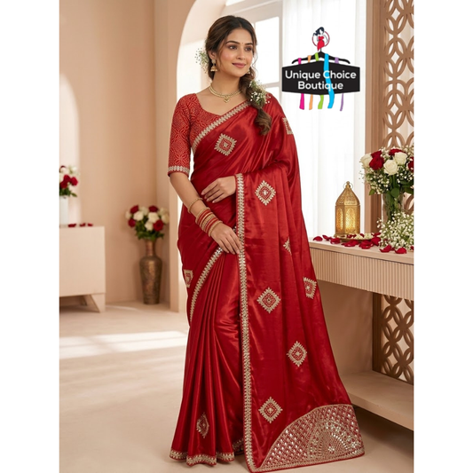 Premium Red Chinon Silk Saree with Heavy Bandhej Pallu