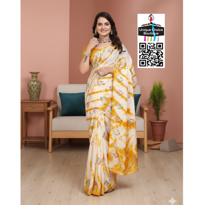 Rajasthani Shibori Cotton Silk Saree-Yellow and White