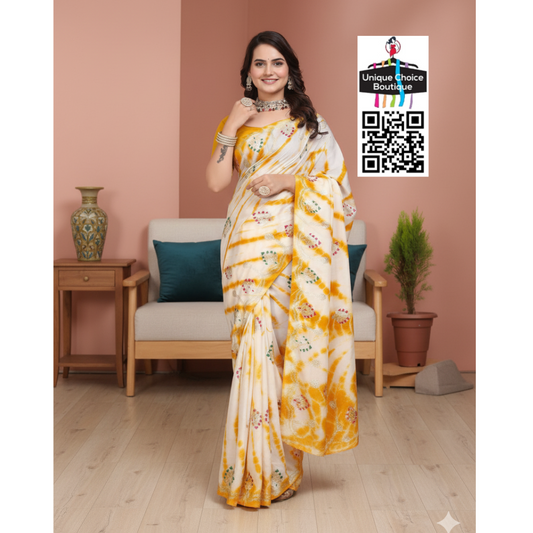 Rajasthani Shibori Cotton Silk Saree-Yellow and White