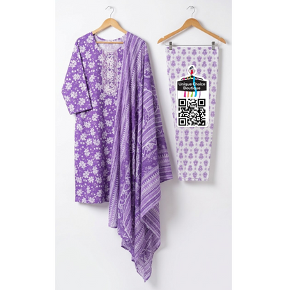 Violet Premium Cotton Kurti Pant Dupatta Set, 3pc Salwar Suit Set, Plus Size