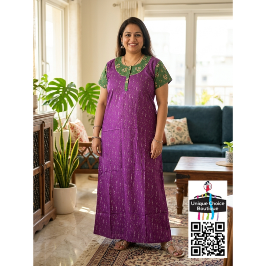 Premium Plus Size Pure Cotton Nighty - Purple and Green