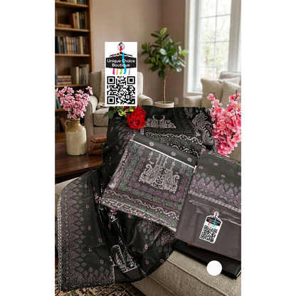 Black Pakistani Lawn Suit Dress material | Luxury Cotton Printed Dress material