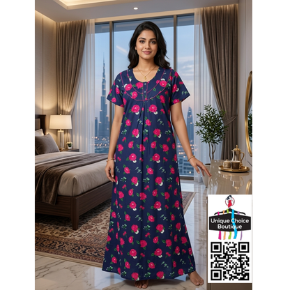 Elegant Floral Print Pure Cotton Nighty – Navy & Pink