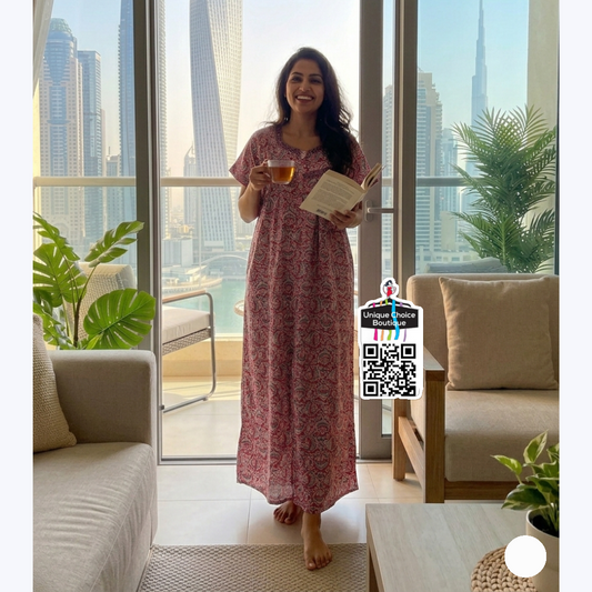 Jyothi Cotton Nighty – Crimson Red and White