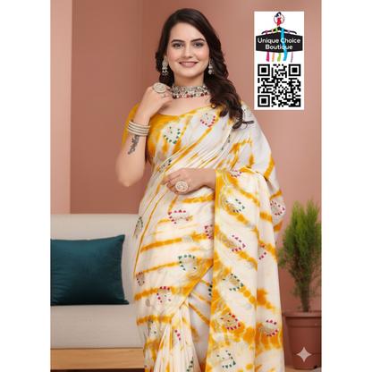 Rajasthani Shibori Cotton Silk Saree-Yellow and White